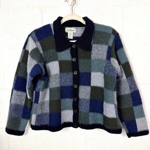 L.L. Bean Blue Gray Green Plaid Button-Up Cardigan